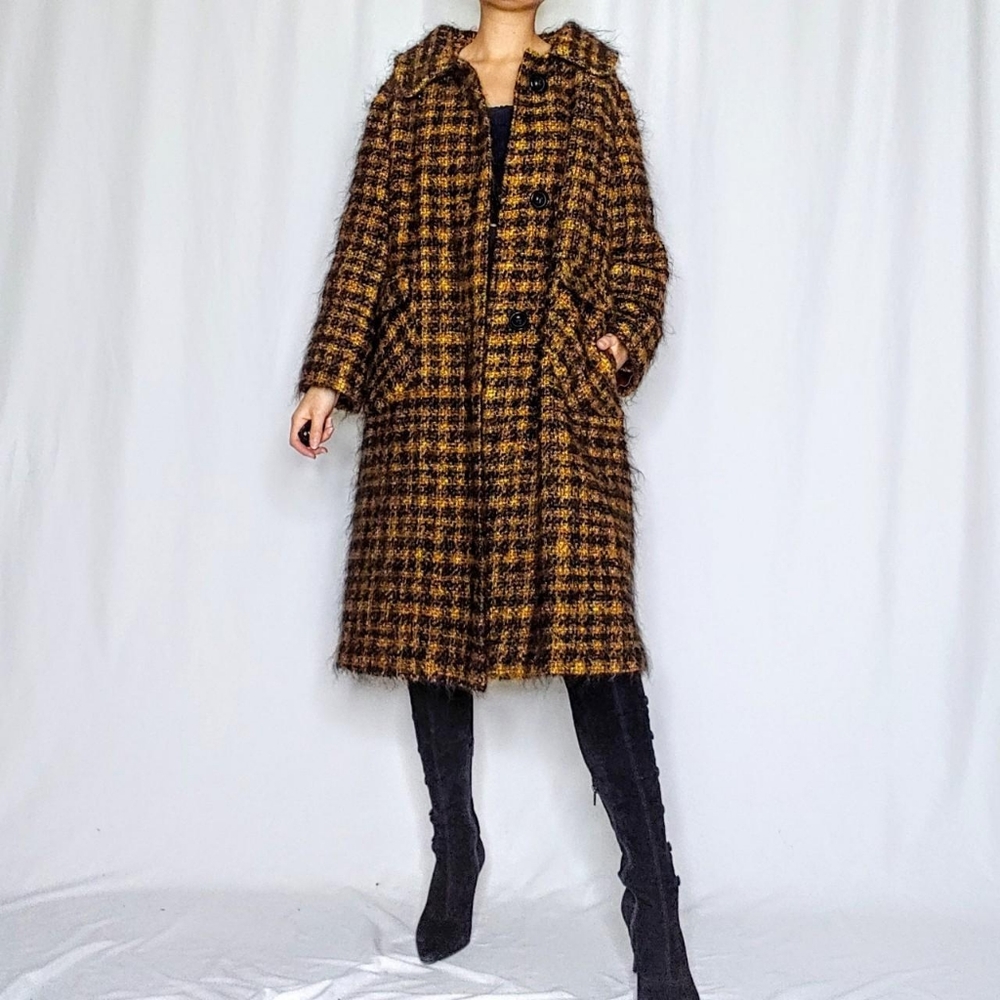 Vintage Brown & Mustard Plaid Wool Pea Coat - Picture 3 of 8